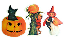 Vintage Halloween paper decorations Black Cat Witch Girl Scarecrow Shackman picture