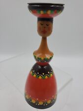 VTG Hand Painted Folk Art Wood Woman Doll Pillar Candleholder picture