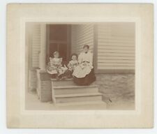 Antique Circa 1900s Mounted Photo Mother And Children on Porch With White Rabbit picture