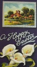 🌟 VTG Circa 1900 - 1920 Easter Postcard Embossed, Easter Lilies, Cottage (j14 picture