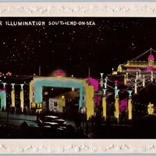 c1940s Southend on Sea, England Hand Colored Card Pier Night Illumination A187 picture