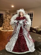 STUNNING Victorian Christmas Angel Tree Topper 25” TALL Silver And Burgundy Gown picture