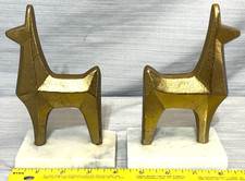 Set of Gold Llama Alpaca Deer Gazelle Figurines White Marble Boho Art Bookends picture