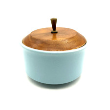 Unique MCM Sky-blue Sugar /Condiment Ironware Bowl with Wooden Lid Brass Handle picture