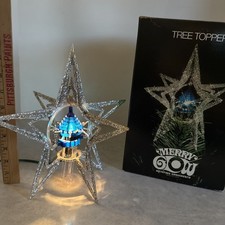 Vtg Merry Glow Spinning Rotating motion STAR Sputnik Christmas TREE TOPPER Blue picture