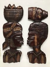 AFRICAN Tiki TRIBAL WALL ART Man Woman Wood Plaque Hand Carved Pair  Vintage picture