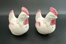 Vintage Pink And White Chicken Hen and Rooster Salt Pepper Shakers Figurine picture