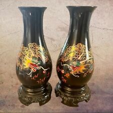 Chinese Hand Painted Gold Dragon Fuzhou Foochow Black Lacquerware Vase Lacquer picture