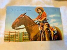 Vintage Linen Postcard A Real Cowgirl of the Ole Southwest on Horse with Hat picture