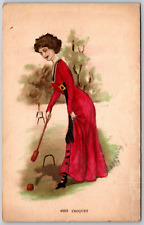 Vintage Postcard Beautiful Women in red Dress Playing Croquet roundated 1909 picture