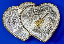 Guitar inside of dual hearts -Vintage Numbered Montana Silversmiths belt buckle picture
