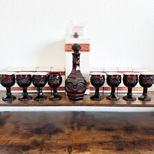 Avon 1876 Cape Cod Ruby Red Glass Wine Decanter w/8 Wine Goblets +Boxes Empty picture