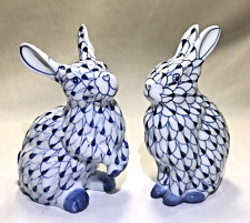 ANDREA by SADEK Blue Fishnet Bunny Rabbits Hand Painted Porcelain Vintage *PAIR* picture