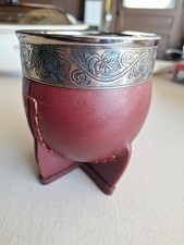 ARGENTINE IMPERIAL YERBA MATE GOURD LEATHER W SILVER BAND FLORAL SCRIPT MOTIF picture