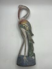 Vintage Stork Heron Crane Figurine Midcentury Wood 80s Pastel Gold Painted picture