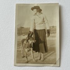 Vintage Sepia Snapshot Photograph Woman With German Wolf Hound Note On Back picture