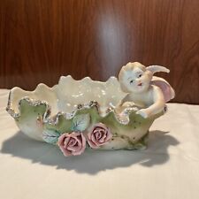 Lefton China Hand Painted Cherub Angel Rose Flower Green Gold Bowl 837  picture