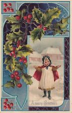 Vintage A Merry Christmas Postcard 1912 Young Girl Standing In Snow Countryside picture