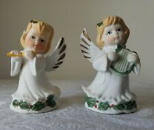 Vtge Handpainted Ceramic Bisque Christmas Angel Figurines Playing Music Lot Of 2 picture