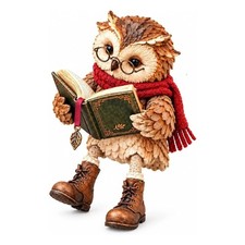 Reading Owl Figurine with Book, Glasses and Dangling Legs Shelf Decor (Red) picture