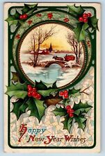 Valdez Alaska AK Postcard New Year Holly Berries Horse Carriage Embossed c1910's picture