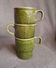 Gorgeous 3 Pc 1970s Green Glaze Ceramic Stacking Coffee Mugs picture