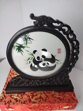 Vintage Chinese Modern Panda Double Sided Embroidered Decor W/Original Box  picture