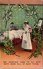 Bamforth Christmas Humor 1910 Shock Twins Nurse Midwife Bedroom Holly East Weare picture