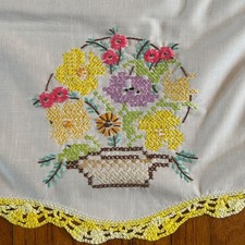 Vintage Embroidered Floral Table Runner Yellow Crochet Dopamine Decor Cottage picture