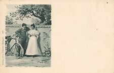 MAN WITH BICYCLE-CARBIDE LAMP~ROMANTIC COUPLE~1890s SCHALLER GERMAN POSTCARD picture