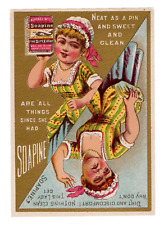 c.1890 Soapine Before & After Happy Sad Maid Lady Trade Card Trick Flip Card picture