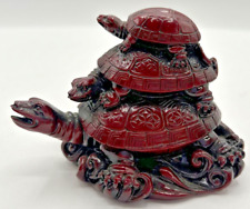 Vintage Chinese Red Lacquered 3 Generations of Stacked Turtles Figurine U194 picture