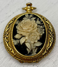 Vintage Max Factor Pocket Powder Cameo Flower Compact Brass Gold Plated Pendant picture