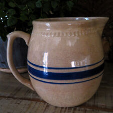 FANTASTIC Vintage Blue Stripe Yelloware Pitcher Stained Crazed Patina FARMHOUSE picture