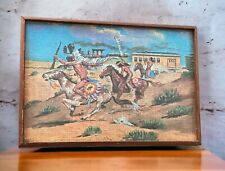 Vtg Native American Puzzle framed Wood 20” X 13” Indian Warrior Horses Battle picture