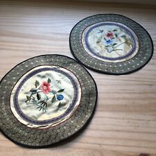 Pair of 1930s Vtg Chinese Silk Embroidery Round Butterfly & Flowers Panels 10”D picture