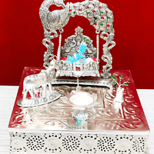 German Silver Little Krishna Jhula Set Chowki, Cow Calf, Tulsi Plant, Lotus Diya picture