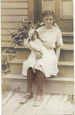 RPPC Girl on Porch Steps w/ Doll Old Cothing, Rustic Home Country Life Toys picture