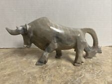 Vintage Hand Carved Marble Onyx Charging Bull Statue Figurine Stone Gray picture