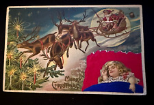 Silk Santa Claus ~Sleeping Child~Reindeer~Sleigh~Antique Christmas Postcard~k-10 picture