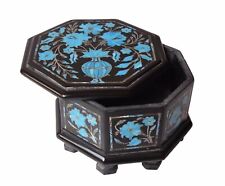 Black Octagon Shape Marble Jewelry Box Turquoise Stone Inlay Work Medicine Box picture