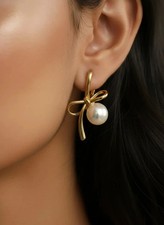 Beautiful Bow Kyson Pearl Hoop Earrings In 18K Yellow Gold Plated For women's picture