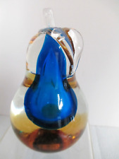 ITALIAN VENETIAN MURANO SOMMERSO BLUE CLEAR AMBER BLOWN GLASS PEAR PAPERWEIGHT picture