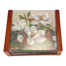 Magnolia Coasters Glass Rubber Feet Wooden Holder Case 3.5” Square Vintange picture
