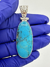 Unique Solid Sterling Silver 925 Long Oval Blue Turquoise Pendant 2.4” picture