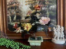 Vintage Midcentury Chinese Carved Jade and Agate Bonsai Flowering Tree Sculpture picture