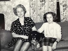 VH Photograph Pretty Mother Posing On Couch With Lovely Daughter Family Dog 1948 picture