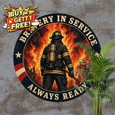 Fire Department Flame Badge Tin Sign Round Firefighter Rescue Plaque Decor picture