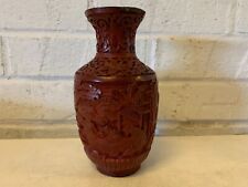 Antique Red Chinese Cinnabar Relief Lacquer Gourd Shaped Vase w/ Immortals Dec. picture