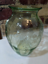 Green Anchor Hocking Depression Uranium Glass Vase Cameo Pattern 1930s 8" picture